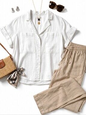 LINEN Coastal Chic Relaxed Button-Front White Shirt